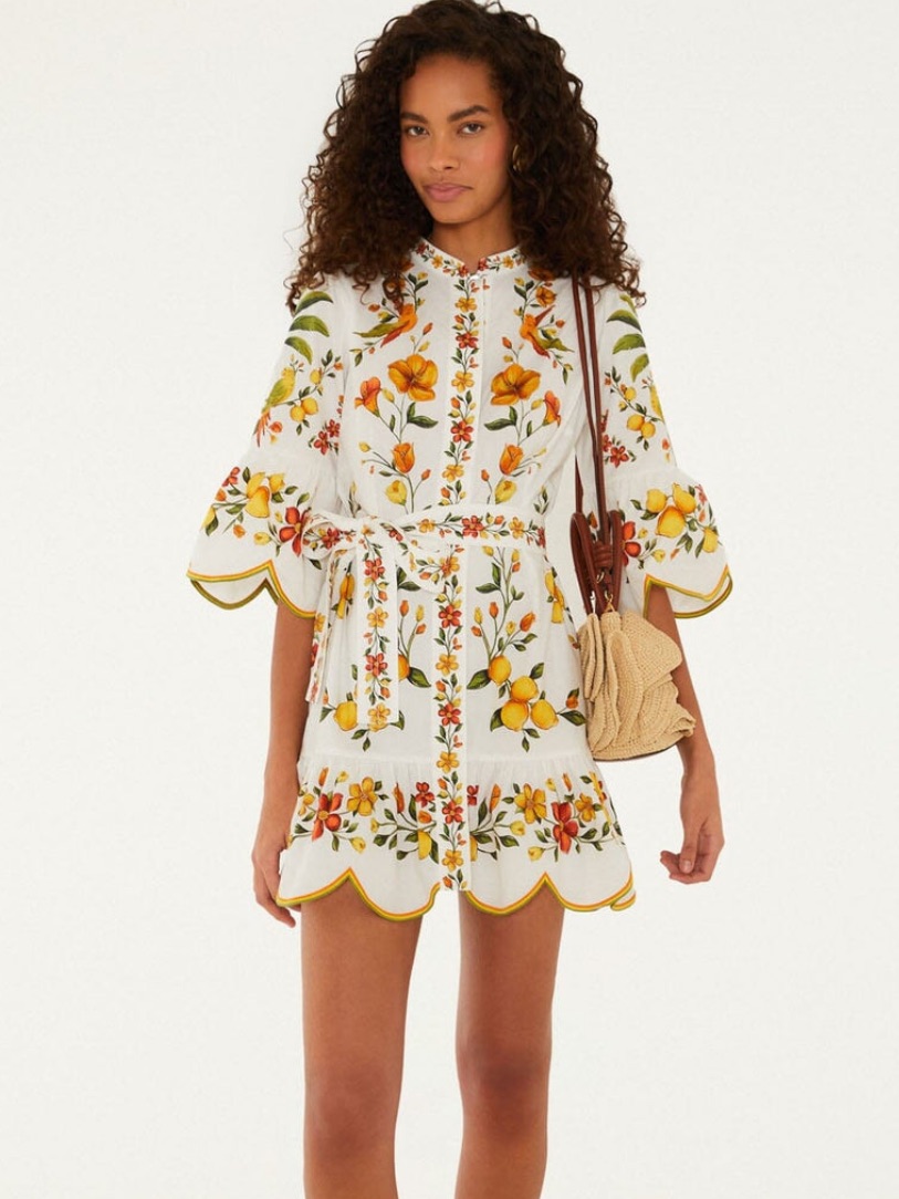 Farm Rio Off-White Lemon Bouquet Belted Mini Dress